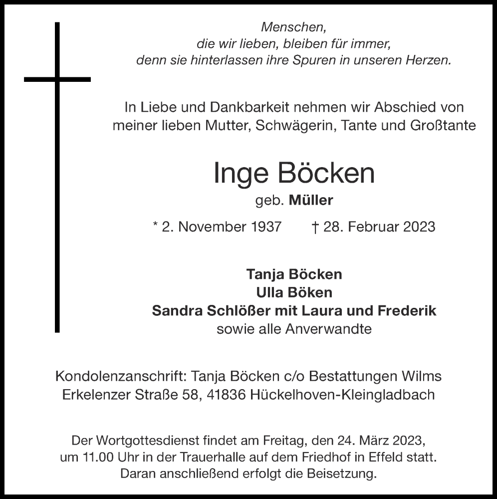  Traueranzeige für Inge Böcken vom 19.03.2023 aus Zeitung am Sonntag