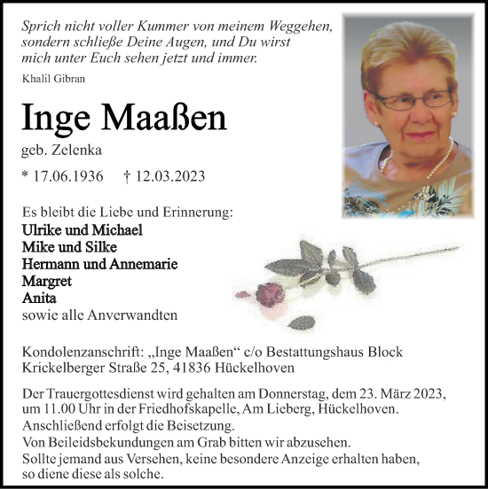Traueranzeige von Inge Maaßen von Zeitung am Sonntag