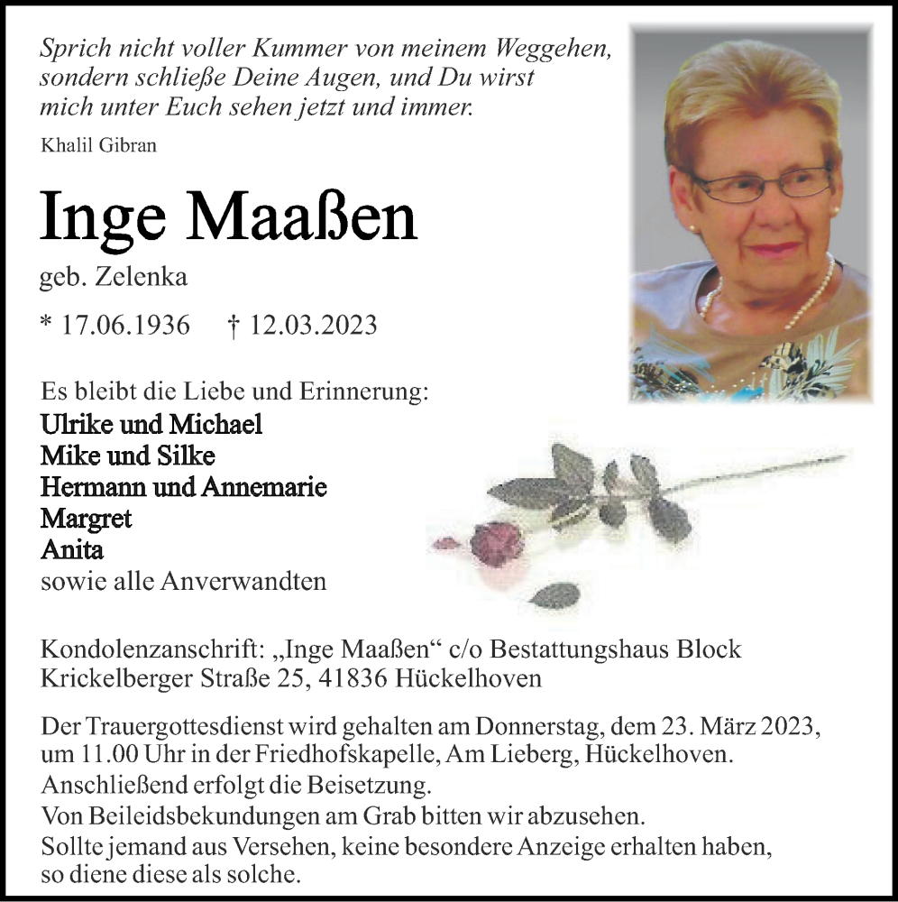  Traueranzeige für Inge Maaßen vom 19.03.2023 aus Zeitung am Sonntag