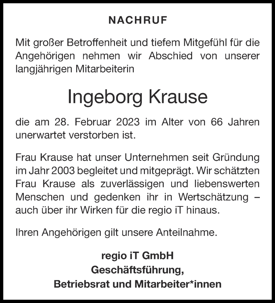 Traueranzeige für Ingeborg Krause vom 18.03.2023 aus Aachener Zeitung / Aachener Nachrichten
