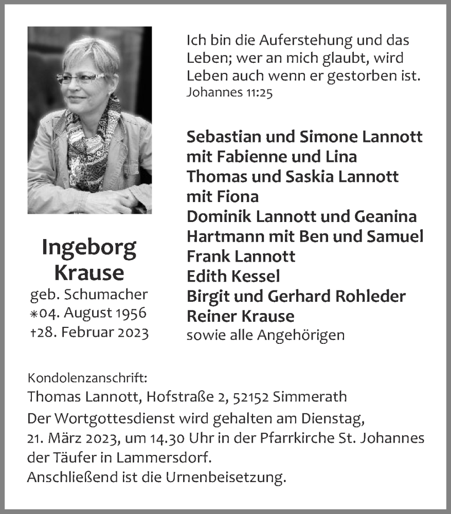  Traueranzeige für Ingeborg Krause vom 12.03.2023 aus Zeitung am Sonntag