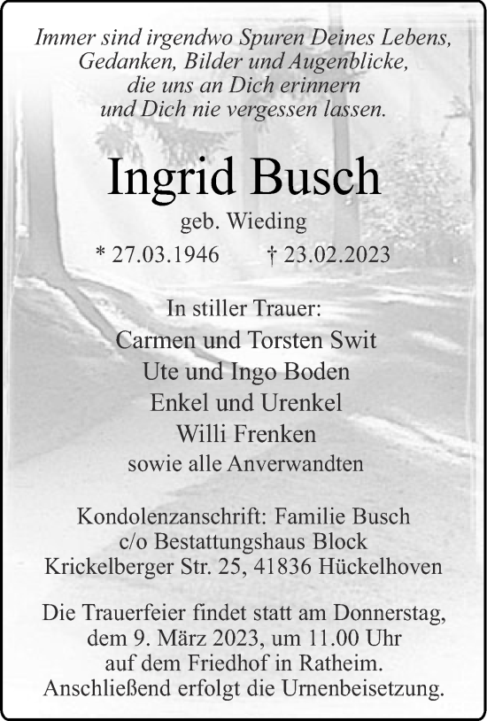 Traueranzeige von Ingrid Busch von Zeitung am Sonntag