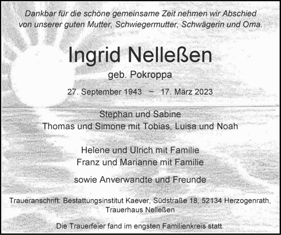 Traueranzeige von Ingrid Nelleßen von Zeitung am Sonntag