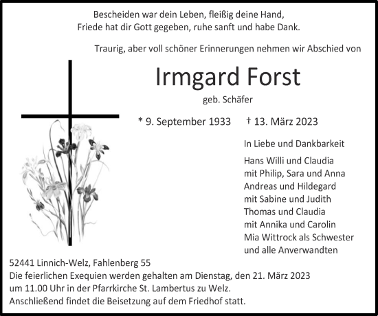 Traueranzeige von Irmgard Forst von Zeitung am Sonntag