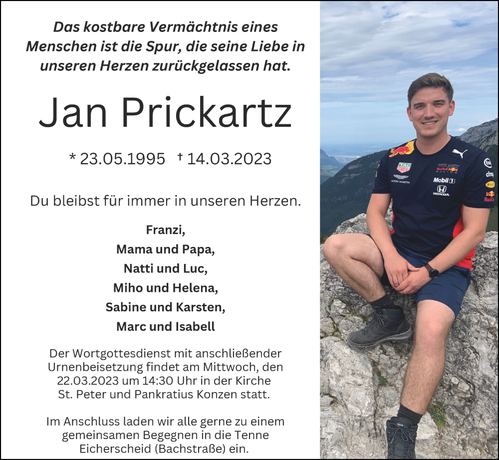  Traueranzeige für Jan Prickartz vom 18.03.2023 aus Aachener Zeitung / Aachener Nachrichten