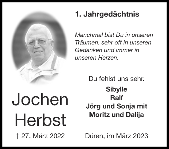 Traueranzeige von Jochen Herbst von Zeitung am Sonntag