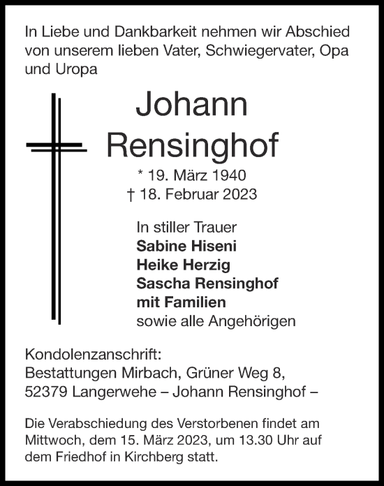 Traueranzeige von Johann Rensinghof von Zeitung am Sonntag