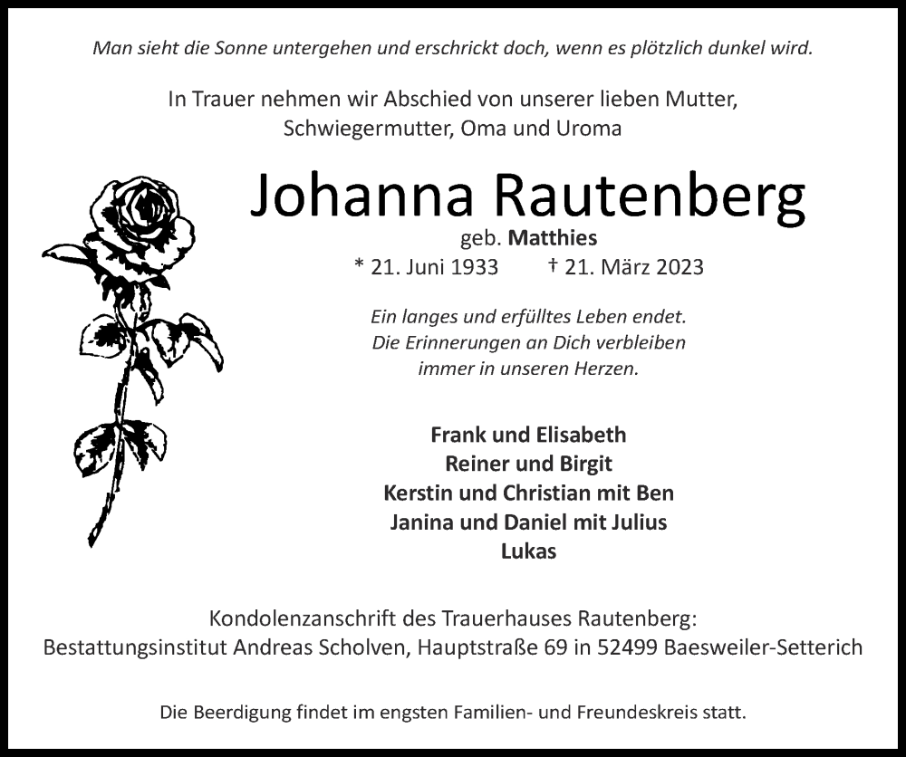  Traueranzeige für Johanna Rautenberg vom 26.03.2023 aus Zeitung am Sonntag