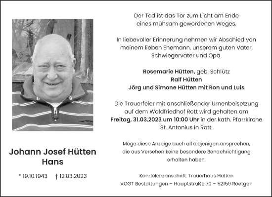 Traueranzeige von Johann Josef Hütten von Aachener Zeitung