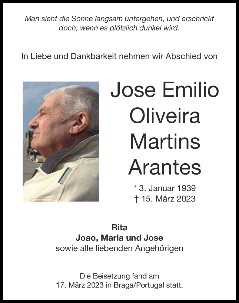  Traueranzeige für Jose Emilio Oliveira Martins Arantes vom 19.03.2023 aus Zeitung am Sonntag