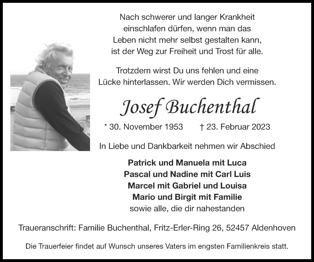  Traueranzeige für Josef Buchenthal vom 05.03.2023 aus Zeitung am Sonntag
