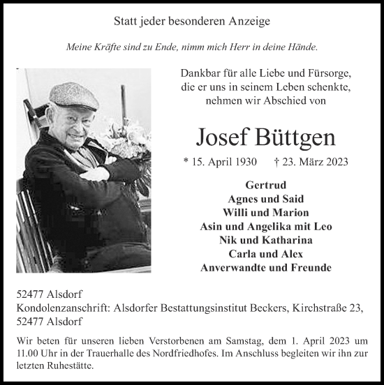 Traueranzeige von Josef Büttgen von Zeitung am Sonntag