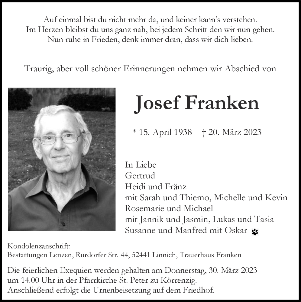  Traueranzeige für Josef Franken vom 26.03.2023 aus Zeitung am Sonntag