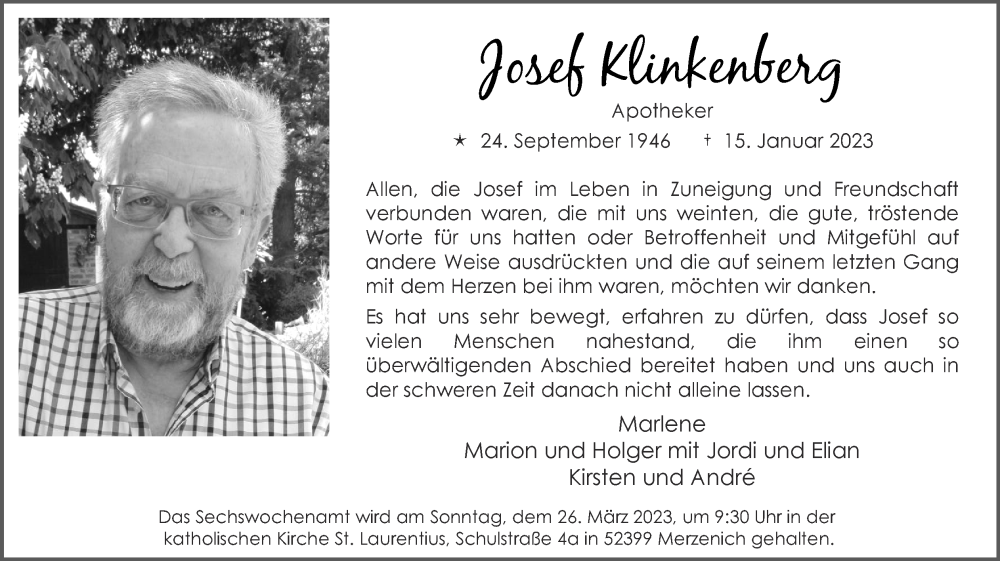  Traueranzeige für Josef Klinkenberg vom 19.03.2023 aus Zeitung am Sonntag