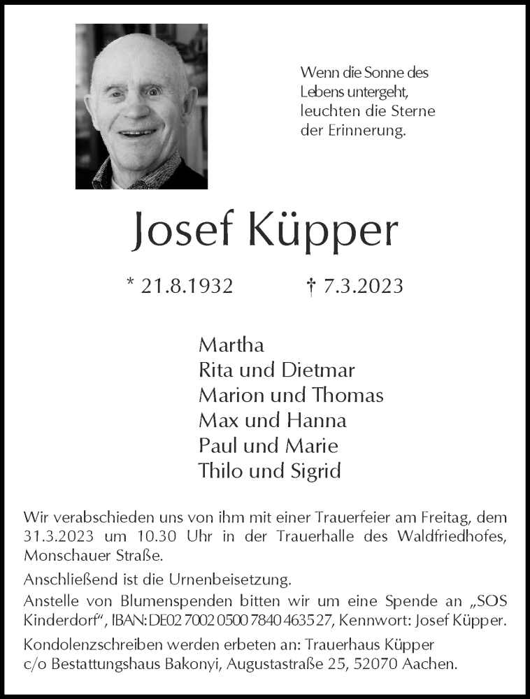  Traueranzeige für Josef Küpper vom 25.03.2023 aus Aachener Zeitung