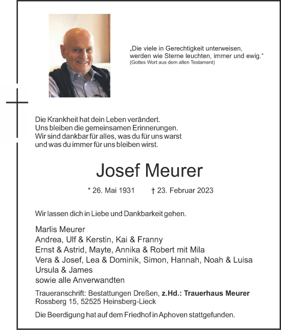 Traueranzeige von Josef Meurer von Zeitung am Sonntag