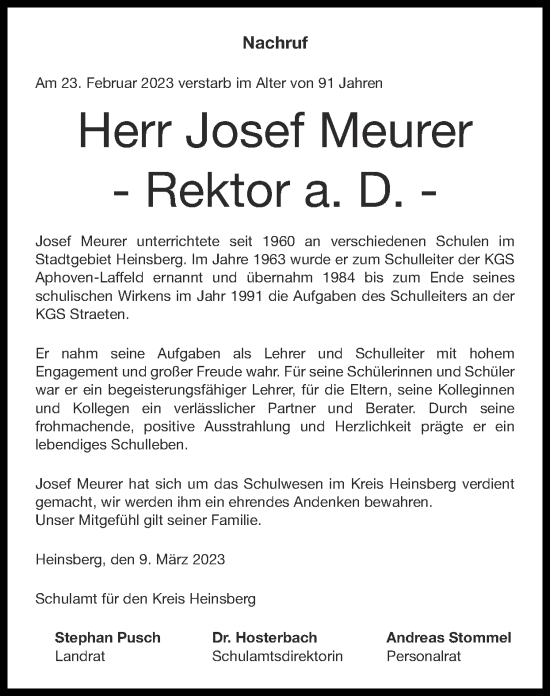 Traueranzeige von Josef Meurer von Zeitung am Sonntag