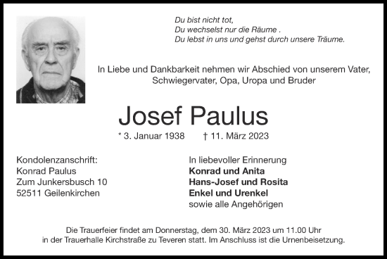 Traueranzeige von Josef Paulus von Zeitung am Sonntag