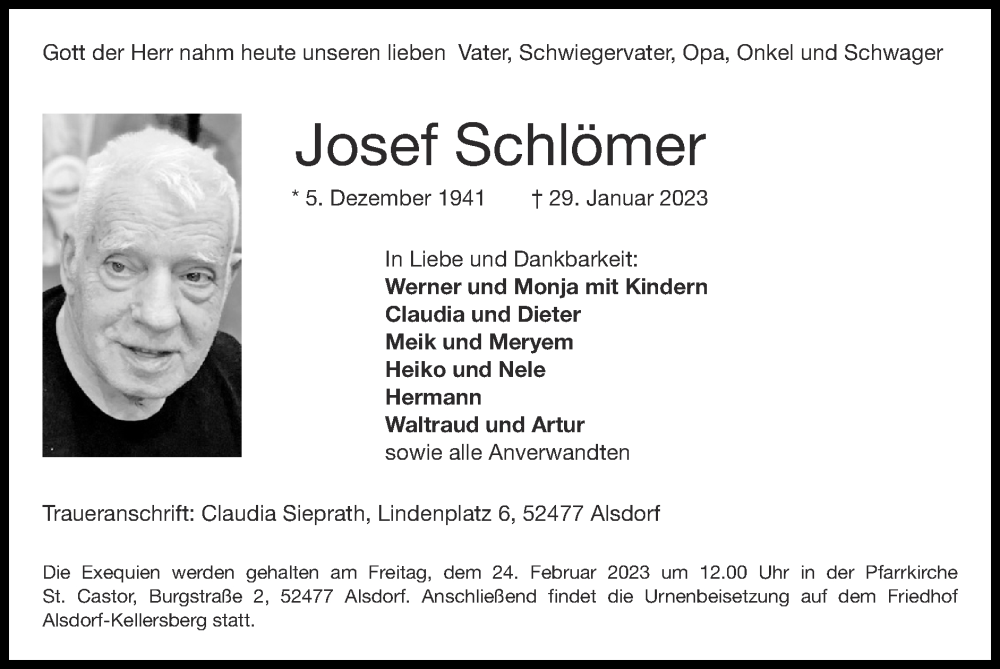  Traueranzeige für Josef Schlömer vom 19.02.2023 aus Zeitung am Sonntag