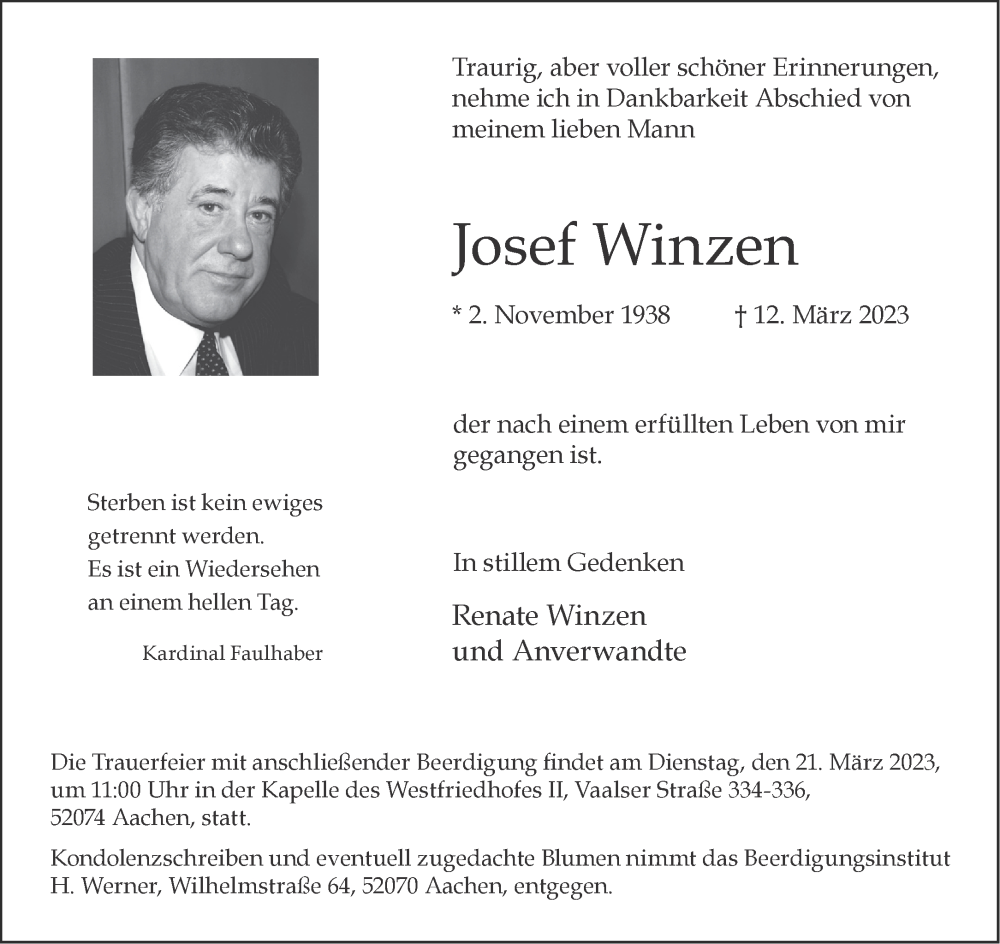  Traueranzeige für Josef Winzen vom 18.03.2023 aus Aachener Zeitung / Aachener Nachrichten