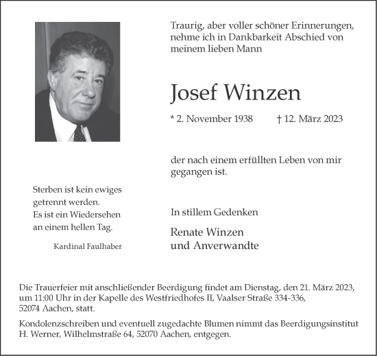 Traueranzeige von Josef Winzen von Aachener Zeitung / Aachener Nachrichten