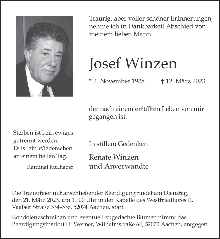  Traueranzeige für Josef Winzen vom 19.03.2023 aus Zeitung am Sonntag