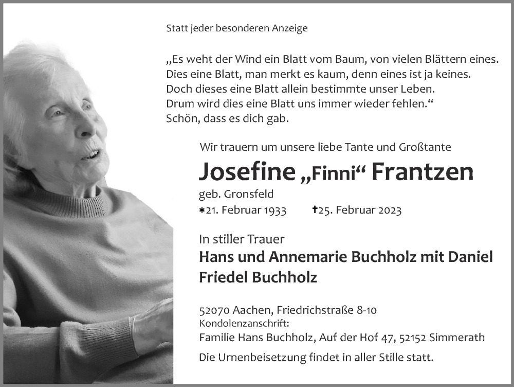  Traueranzeige für Josefine Frantzen vom 05.03.2023 aus Zeitung am Sonntag