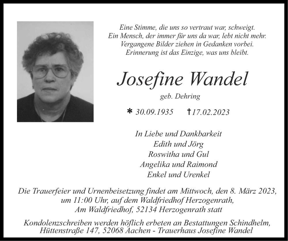  Traueranzeige für Josefine Wandel vom 05.03.2023 aus Zeitung am Sonntag