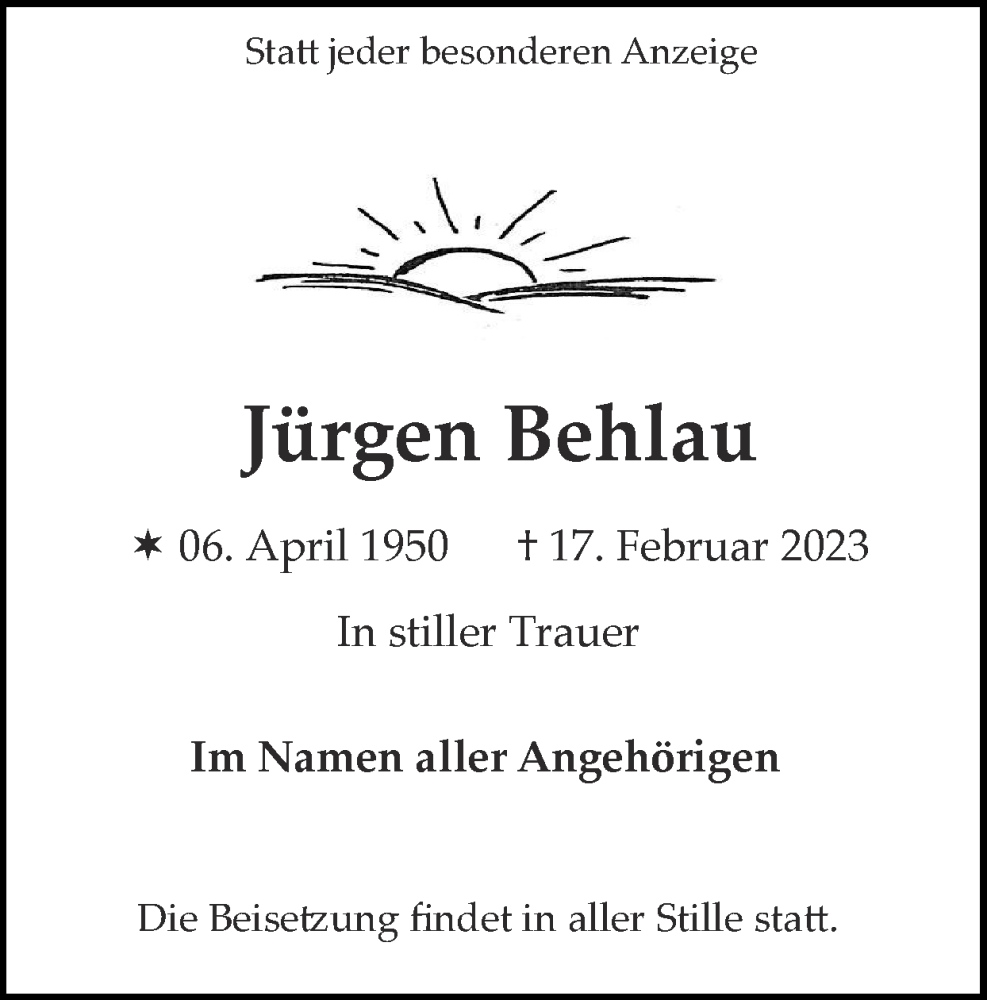  Traueranzeige für Jürgen Behlau vom 05.03.2023 aus Zeitung am Sonntag