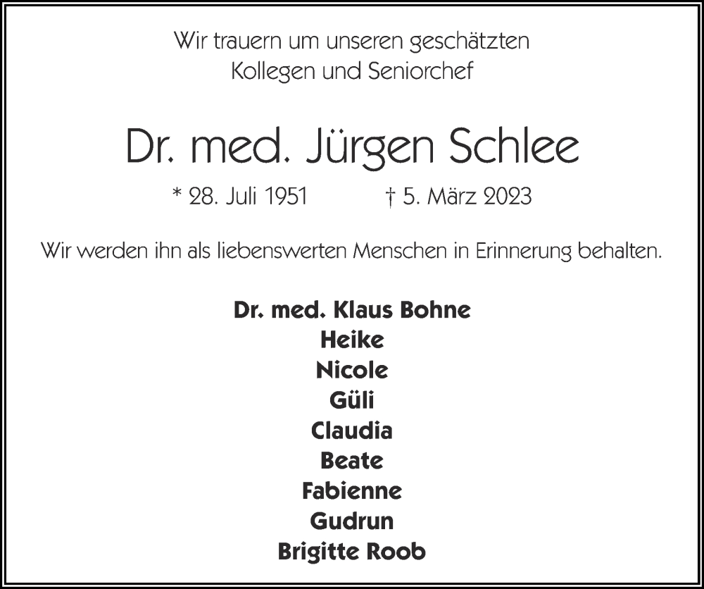 Traueranzeige für Jürgen Schlee vom 12.03.2023 aus Zeitung am Sonntag