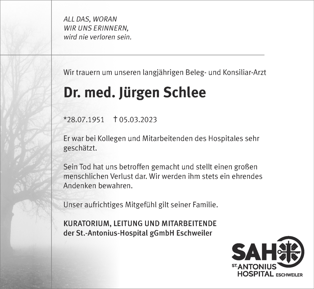  Traueranzeige für Jürgen Schlee vom 12.03.2023 aus Zeitung am Sonntag