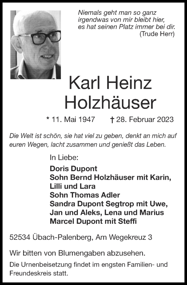  Traueranzeige für Karl Heinz Holzhäuser vom 19.03.2023 aus Zeitung am Sonntag