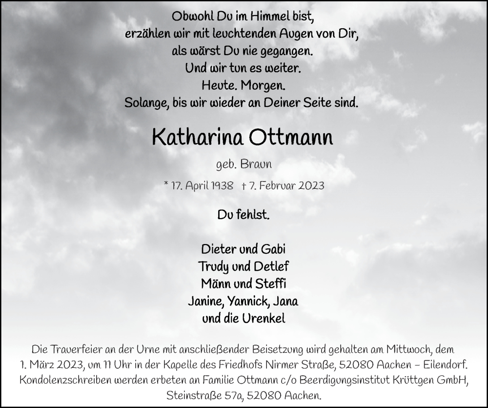  Traueranzeige für Katharina Ottmann vom 19.02.2023 aus Zeitung am Sonntag
