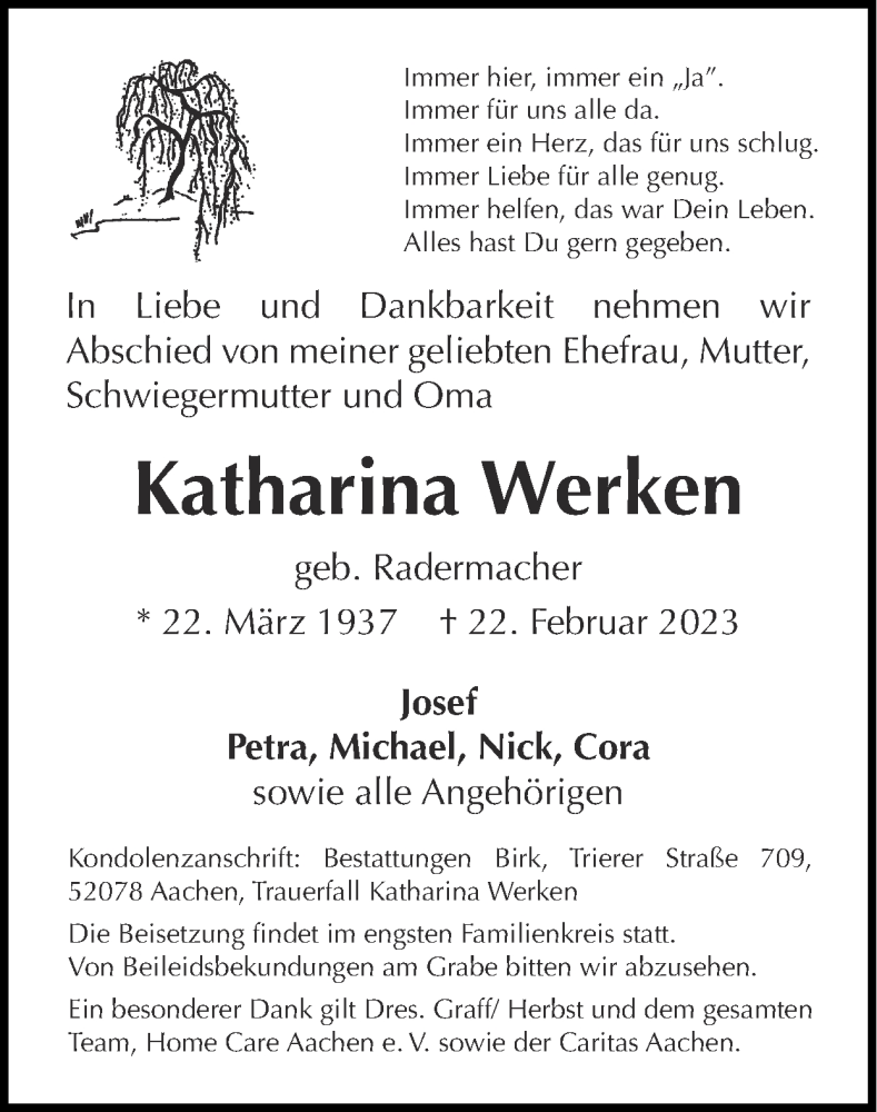  Traueranzeige für Katharina Werken vom 05.03.2023 aus Zeitung am Sonntag