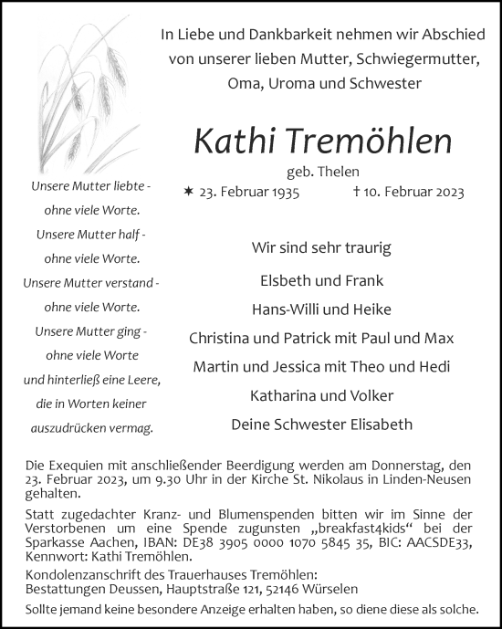 Traueranzeige von Kathi Tremöhlen von Zeitung am Sonntag