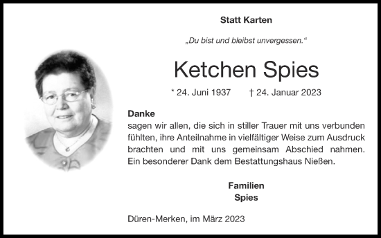 Traueranzeige von Ketchen Spies von Zeitung am Sonntag