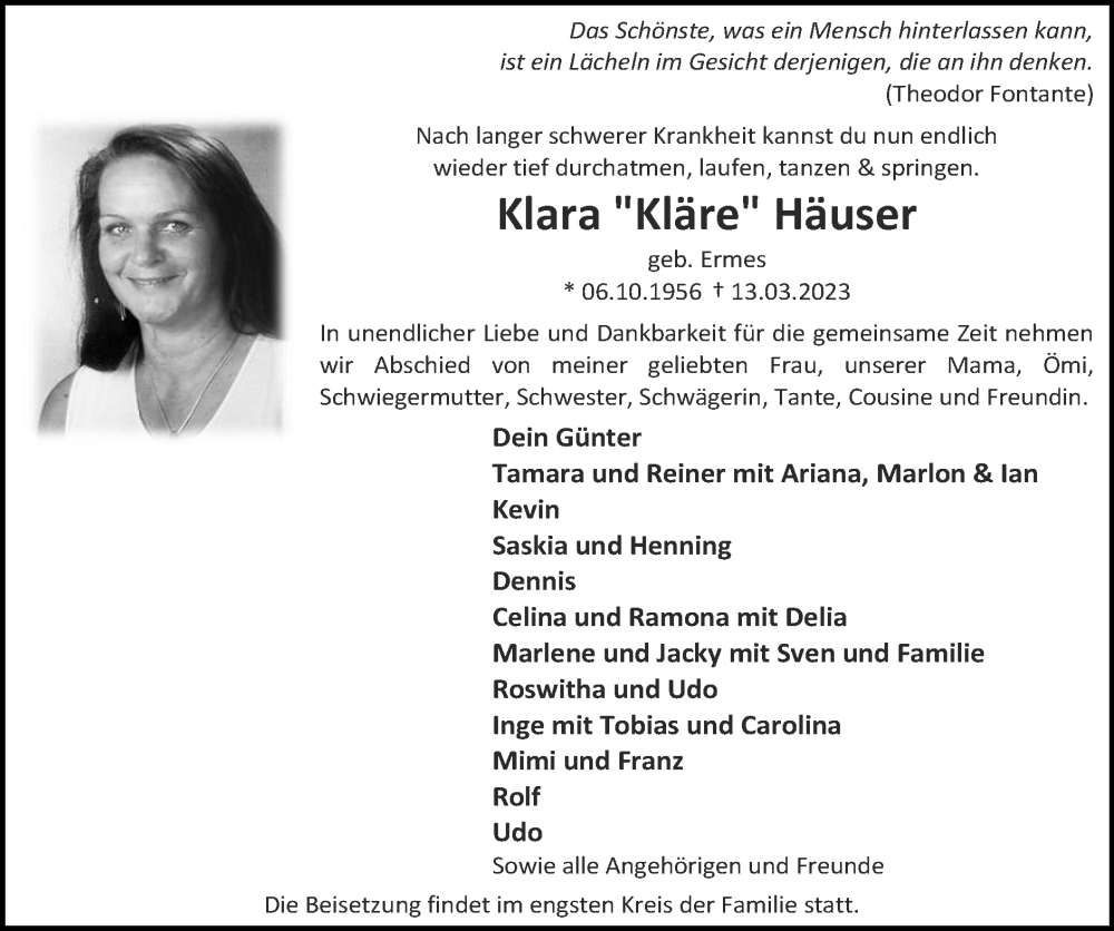  Traueranzeige für Klara Häuser vom 19.03.2023 aus Zeitung am Sonntag