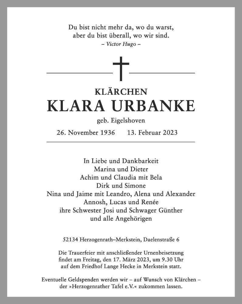  Traueranzeige für Klara Urbanke vom 12.03.2023 aus Zeitung am Sonntag