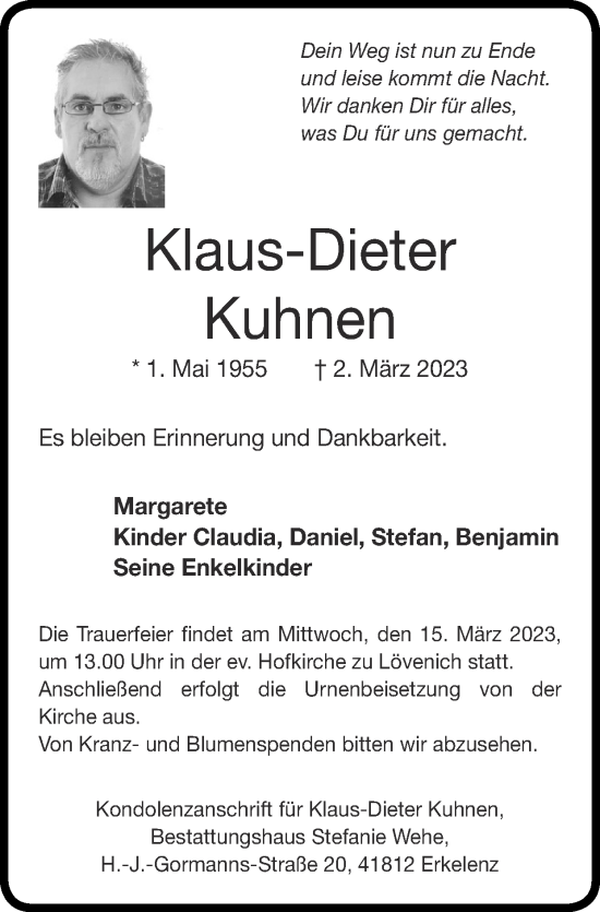 Traueranzeige von Klaus-Dieter Kuhnen von Zeitung am Sonntag
