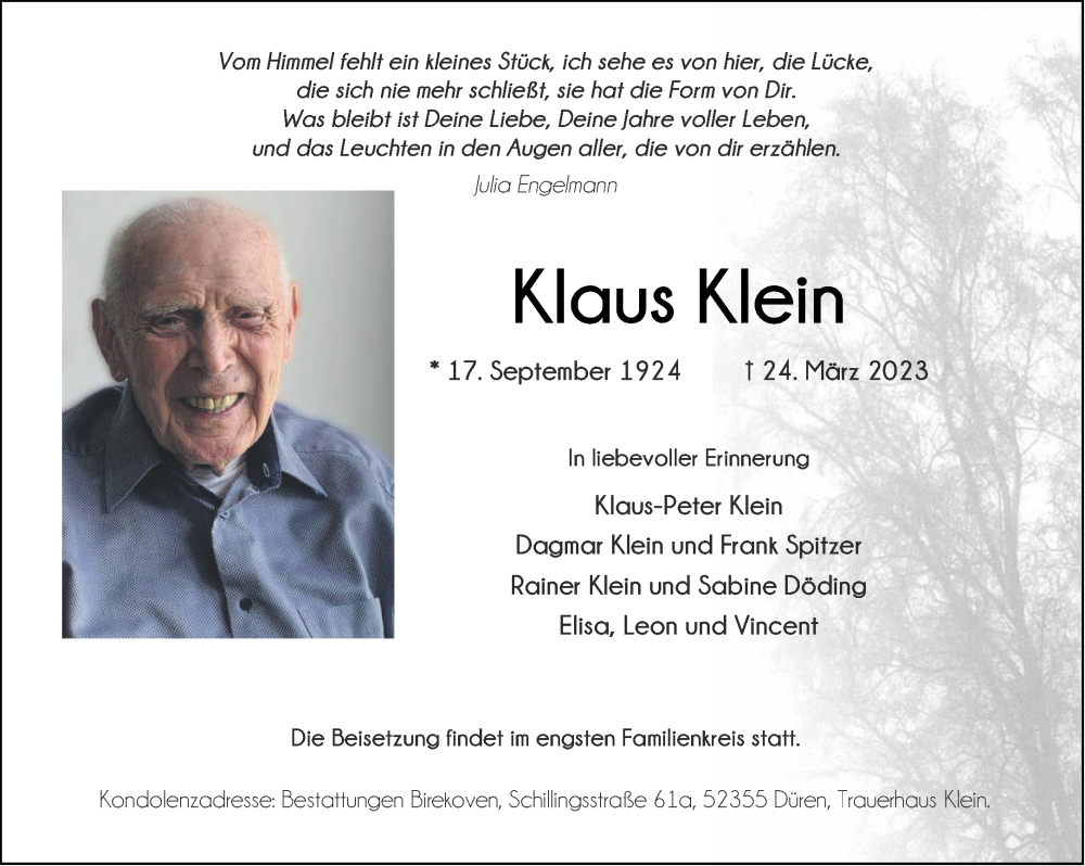  Traueranzeige für Klaus Klein vom 01.04.2023 aus Aachener Zeitung