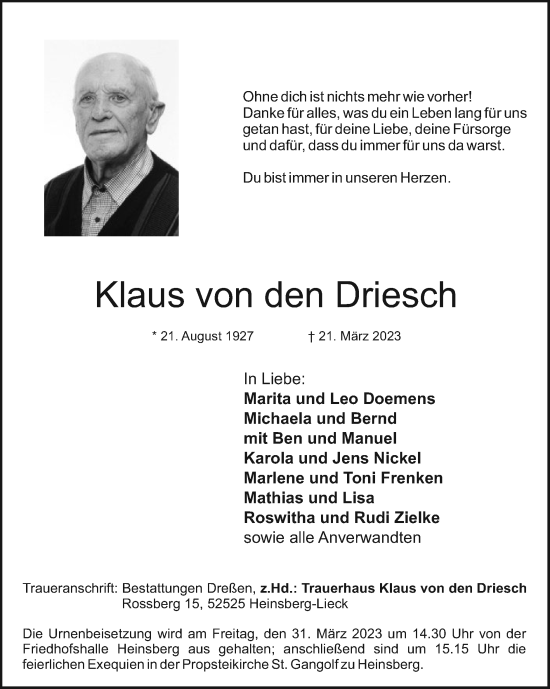 Traueranzeige von Klaus von den Driesch von Zeitung am Sonntag