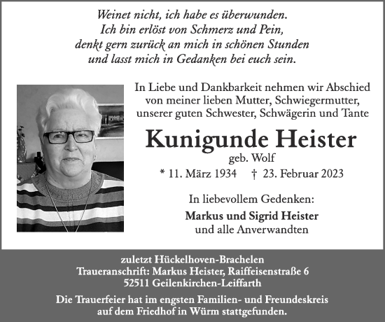 Traueranzeige von Kunigunde Heister von Zeitung am Sonntag