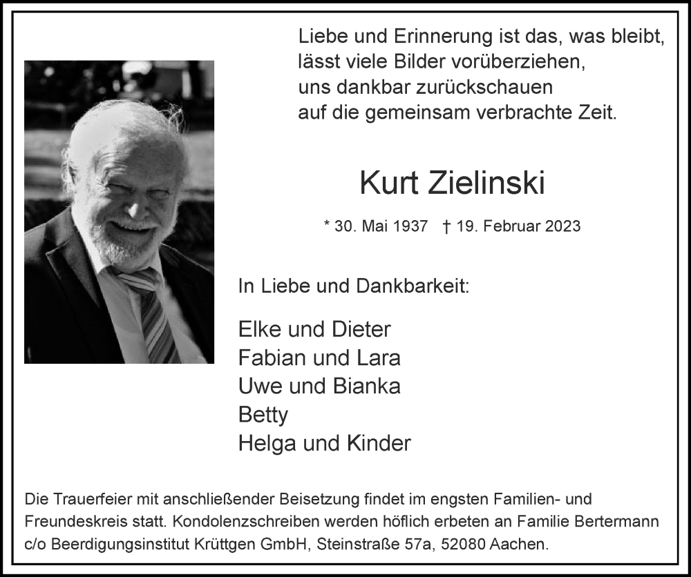  Traueranzeige für Kurt Zielinski vom 05.03.2023 aus Zeitung am Sonntag