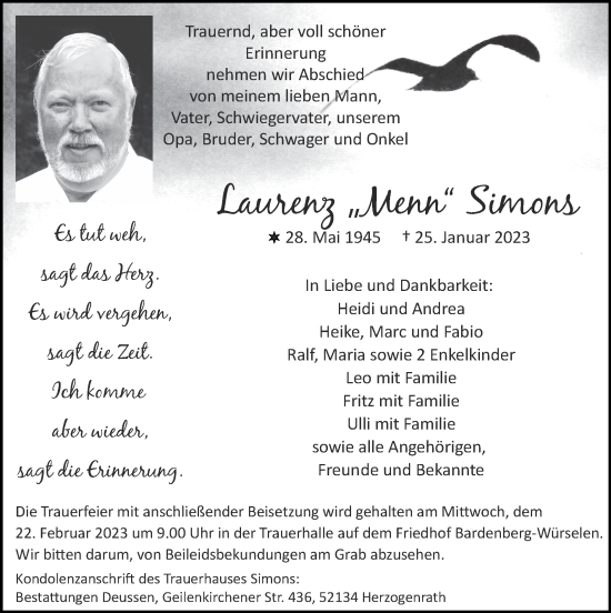 Traueranzeige von Laurenz Simons von Zeitung am Sonntag