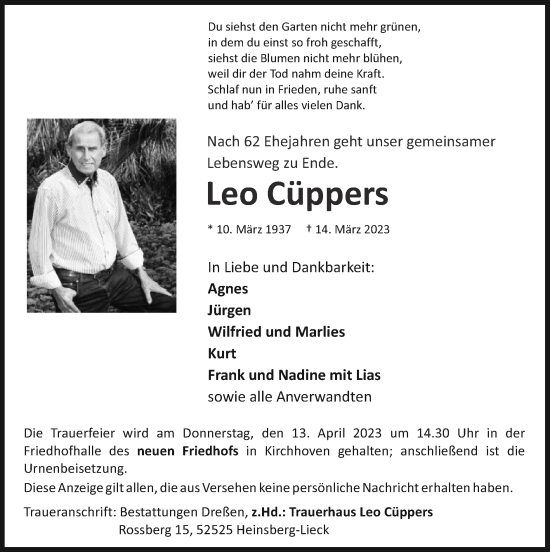 Traueranzeige von Leo Cüppers von Zeitung am Sonntag
