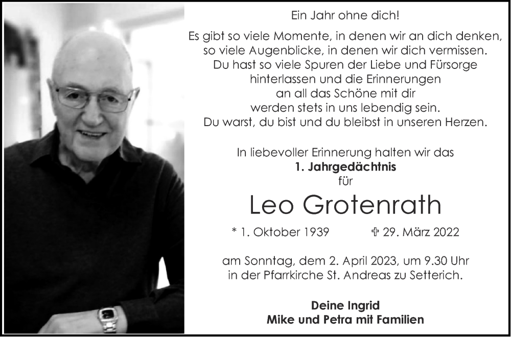  Traueranzeige für Leo Grotenrath vom 25.03.2023 aus Aachener Zeitung