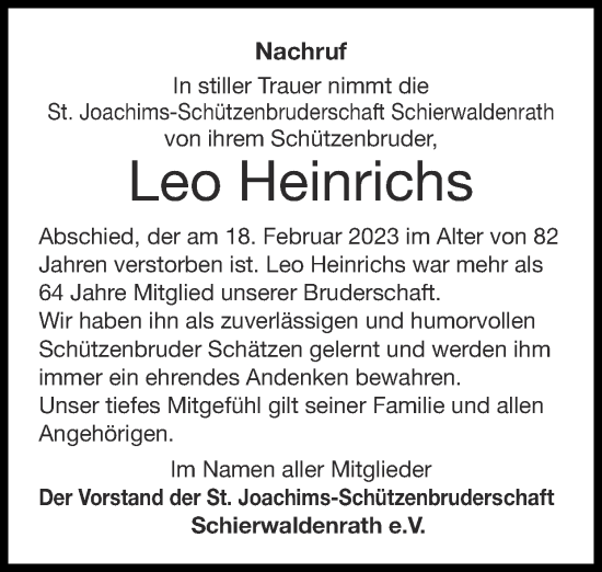 Traueranzeige von Leo Heinrichs von Zeitung am Sonntag