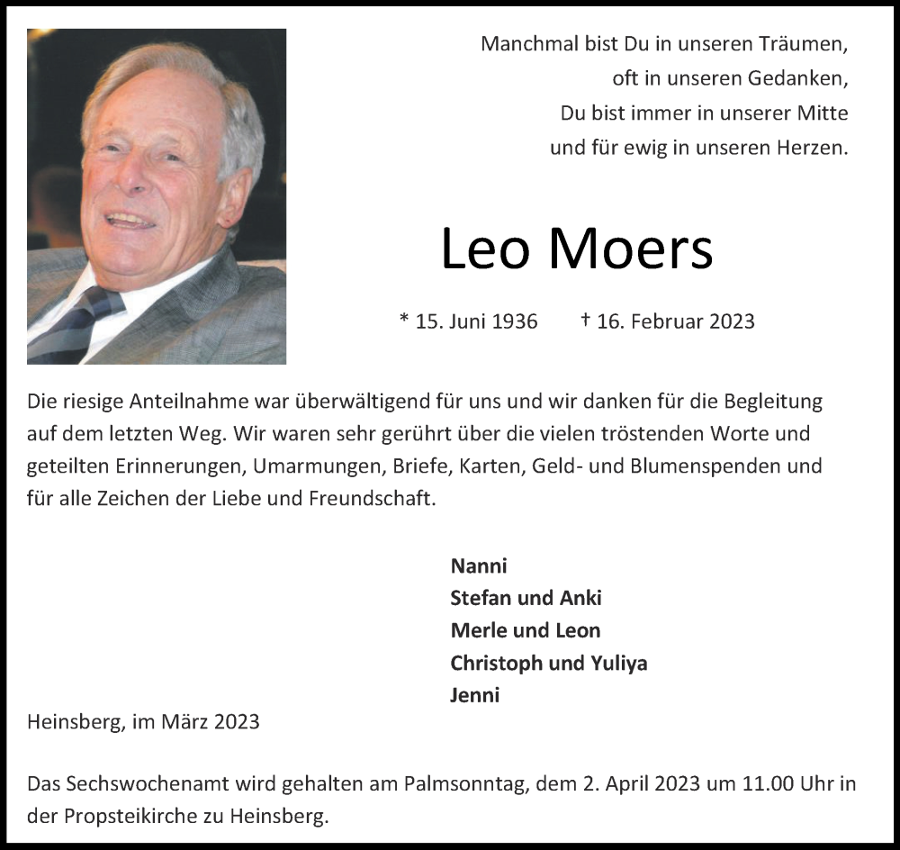  Traueranzeige für Leo Moers vom 25.03.2023 aus Aachener Zeitung