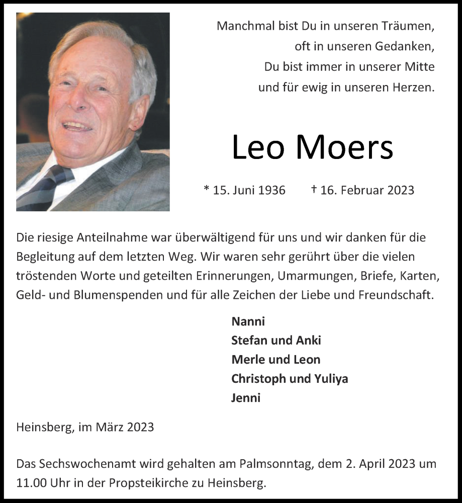  Traueranzeige für Leo Moers vom 26.03.2023 aus Zeitung am Sonntag