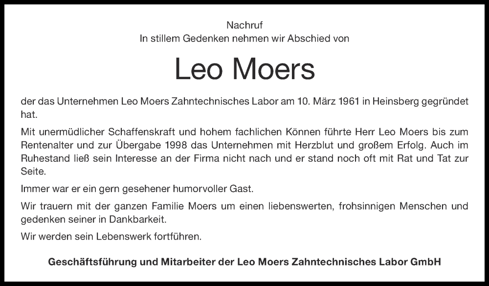  Traueranzeige für Leo Moers vom 05.03.2023 aus Zeitung am Sonntag